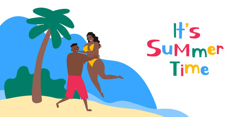 its  summer time .african american couple having fun on tropical beach vector illustration