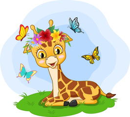 Cute little giraffe sitting in the grass