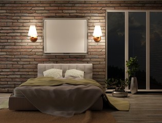 A blank frame on the bedroom wall. Night interior of the bedroom with a panoramic window and brick walls. Template poster for photos and lettering. 3D rendering.