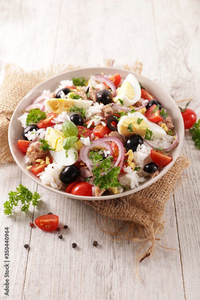 Poster rice mixed salad with vegetable, tuna and egg