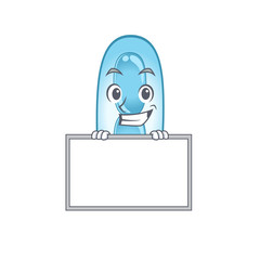 Klebsiella pneumoniae cartoon design style standing behind a board