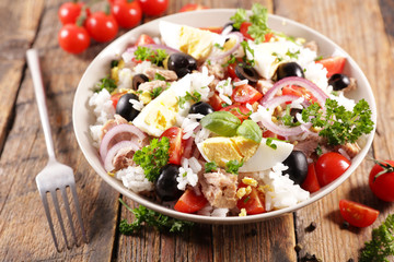 rice mixed salad with vegetable, tuna and egg