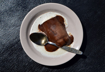 
chocolate ice cream in a plate stands on a black background