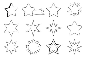 Set of stars. Vector image of black silhouettes of star icons. Flat outline stardom. Stock image.