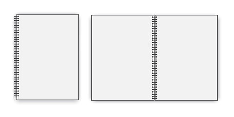 Empty open book. Closed white notebook. Layout booklet with a spiral. Vector image. Stock Photo.