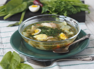Healthy food.A bowl of spring green shavel soup with a pile of green ingredients on a white wooden table.