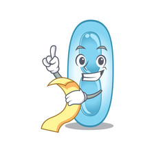 Klebsiella pneumoniae mascot character style with a menu on his hand
