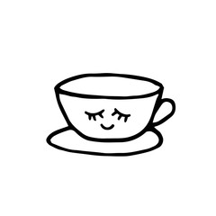 cup with eyes and smile and saucer hand drawn element in doodle style. vector scandinavian monochrome minimalism. tea, coffee, kitchen, comfort, cafe, drink, menu, icon cute