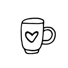 Cute cup with heart Hand drawn in doodle style. element vector graphics Scandinavian hygge cozy monochrome minimalism simple. tea, coffee, cocoa, home, comfort, cafe. design icon, card