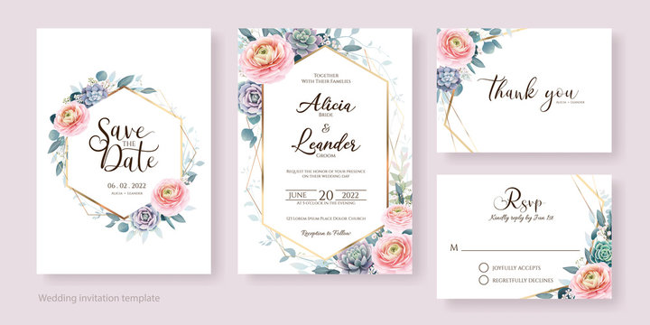 Floral wedding Invitation, save the date, thank you, rsvp card Design template. Ranunculus flower and succulent. Vector.