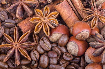Obraz na płótnie Canvas background with star anise, coffee beans and nuts