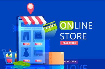 Online store banner. Shopping in app in mobile phone. Fast delivery and buy icons. Vector flat illustration