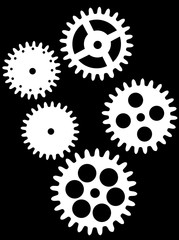 five white gears set isolated on black