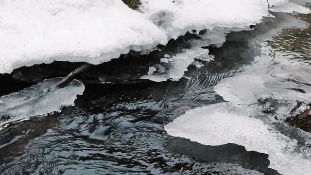 Icy stream and snow close up in slow motion HD