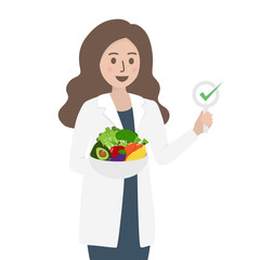 Female nutritionist doctor or dietitian holding fresh fruits and vegetables in hand isolated on white background. Nutrition consultation, healthy eating and diet plan concept. Flat vector illustration