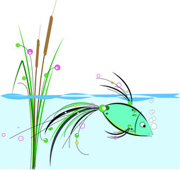 A beautiful exotic small fish swims in a pond with a bush of reeds and cattail. Vector illustration for design.