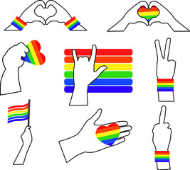 A set of LGBT-themed icons. Razlichky gestures. Contours of hands. Rainbow flag, hearts, bracelets. All elements are isolated. Vector graphics.