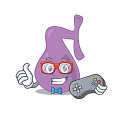 Mascot design style of gall bladder gamer playing with controller
