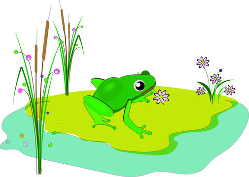 A cute green frog sits on the shore of a pond and holds a pink flower in his mouth. Vector illustration for design.