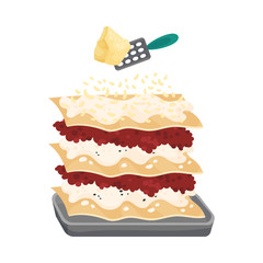 Grating Parmesan Cheese on Top of Raw Pasta Sheet with Meat Stuffing for Lasagne Preparation Vector Illustration