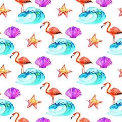 Colorful seamless summer pattern with pink flamingo. Tropical background. Fashion print design. Watercolor illustration isolated on white. You can change background to any color