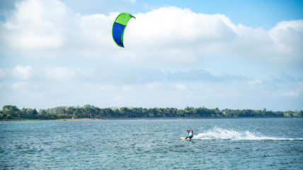 active water sports, kitesurf at sea in the lagoon