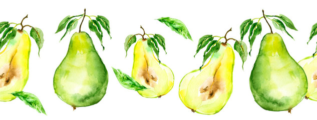 Seamless watercolor pattern with a picture of a pear fruit. Apply in the field of design, packaging, textile and other. Portion of pear, lobule, cut. Fruit with a leaf. Garden pears, harvest. line