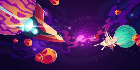 Spaceship in outer space with planets in starry sky with nebula and flying galaxy city or station with high towers. Cosmos, universe futuristic fantasy view for pc game. Cartoon vector illustration © klyaksun