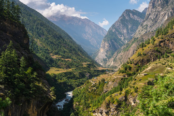 Beautiful landscape of Himalaya mountains in Manaslu circuit trekking route, Nepal - obrazy, fototapety, plakaty
