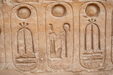Hieroglyphic carvings on an ancient egyptian temple wall
