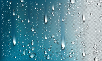 Water droplets on glass surface isolated on transparent background. Vector realistic illustration of condensation of steam in shower or fog on window, fall clear aqua drops from dew or rain