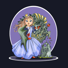 Princess, dragon and magic stone. Fairy tale. Fantasy illustration. Print. Vector illustration