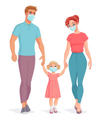 Family wearing masks to protect from Covid-19. Vector illustration.