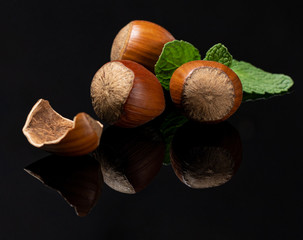 Three Hazelnuts on a black backdrop with mint leafes and reflection
