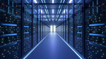 Working Data Center Full of Rack Servers and Supercomputers, Modern Telecommunications, Artificial Intelligence, Supercomputer Technology Concept.3d rendering,conceptual image.