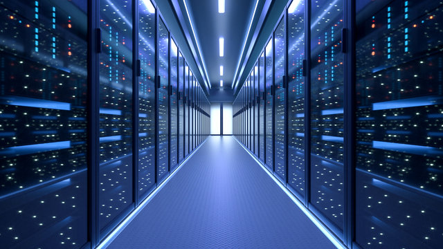 Working Data Center Full of Rack Servers and Supercomputers, Modern Telecommunications, Artificial Intelligence, Supercomputer Technology Concept.3d rendering,conceptual image.