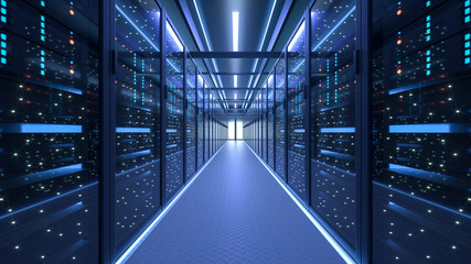 Working Data Center Full of Rack Servers and Supercomputers, Modern Telecommunications, Artificial Intelligence, Supercomputer Technology Concept.3d rendering,conceptual image.