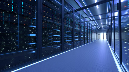 Working Data Center Full of Rack Servers and Supercomputers, Modern Telecommunications, Artificial Intelligence, Supercomputer Technology Concept.3d rendering,conceptual image.