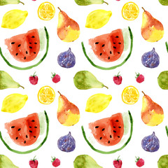 Watercolor seamless pattern of fruits and berries: pear, watermelon, raspberry, fig, lemon. Bright and juicy ornament.