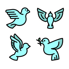 Dove icons set. Outline set of dove vector icons for web design isolated on white background
