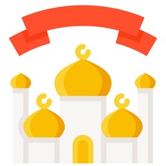 Obraz premium Ribbon banner with mosque icon, ramadan festival related vector