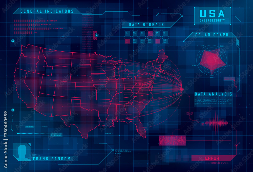 Poster hud map of the usa. set of hud callout design elements. cyberattack, system under threat, ddos attac