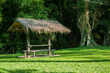 wood pavilion in garden