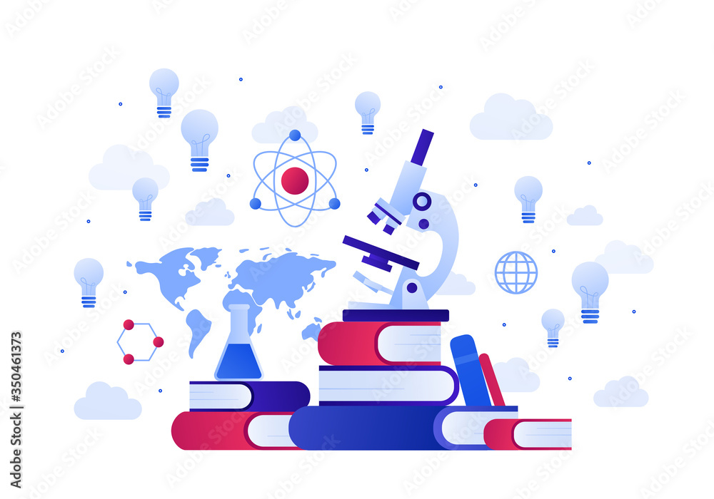 Wall mural global science and education concept. vector modern flat illustration. stack of book with microscope