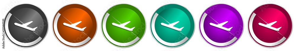 Poster Deparures icon set, flight, airplane silver metallic chrome border vector web buttons in 6 colors options for webdesign