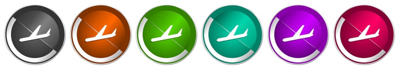 Arrivals icon set, flight, airplane silver metallic chrome border vector web buttons in 6 colors options for webdesign