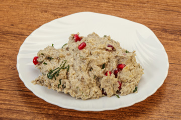 Vagan dietary cusine - mutabal with granet seeds