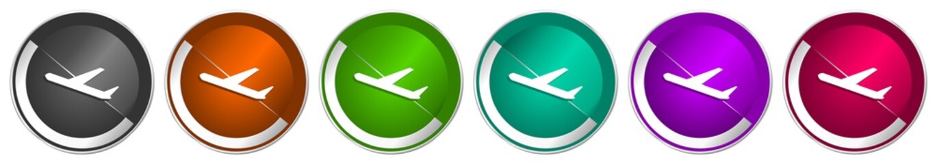 Deparures icon set, flight, airplane silver metallic chrome border vector web buttons in 6 colors options for webdesign