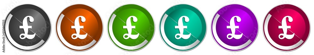 Poster pound icon set, silver metallic chrome border vector web buttons in 6 colors options for webdesign