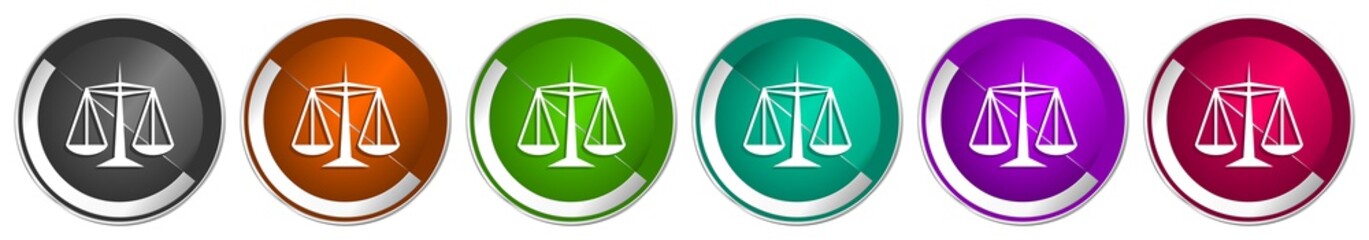 Justice icon set, silver metallic chrome border vector web buttons in 6 colors options for webdesign